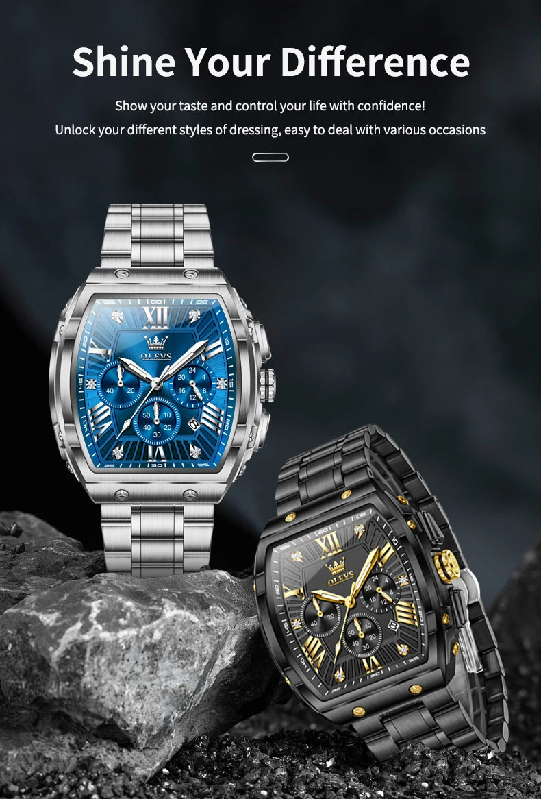 OLEVS New Design Tonneau Watch Men Luminous Waterproof Date Stainless Steel Chronograph Quartz Watches for Men Relogio Masculino