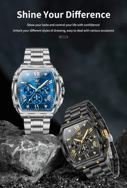 OLEVS New Design Tonneau Watch Men Luminous Waterproof Date Stainless Steel Chronograph Quartz Watches for Men Relogio Masculino