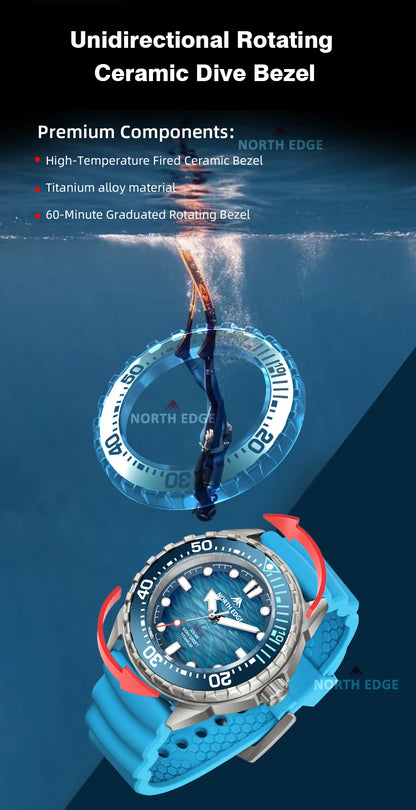 NORTH EDGE 2025 NEW+ TRITON-TI Titanium Solar-Powered Diving Watch Luxury Quartz Watches for Men 300M Waterproof 180+ Day Power