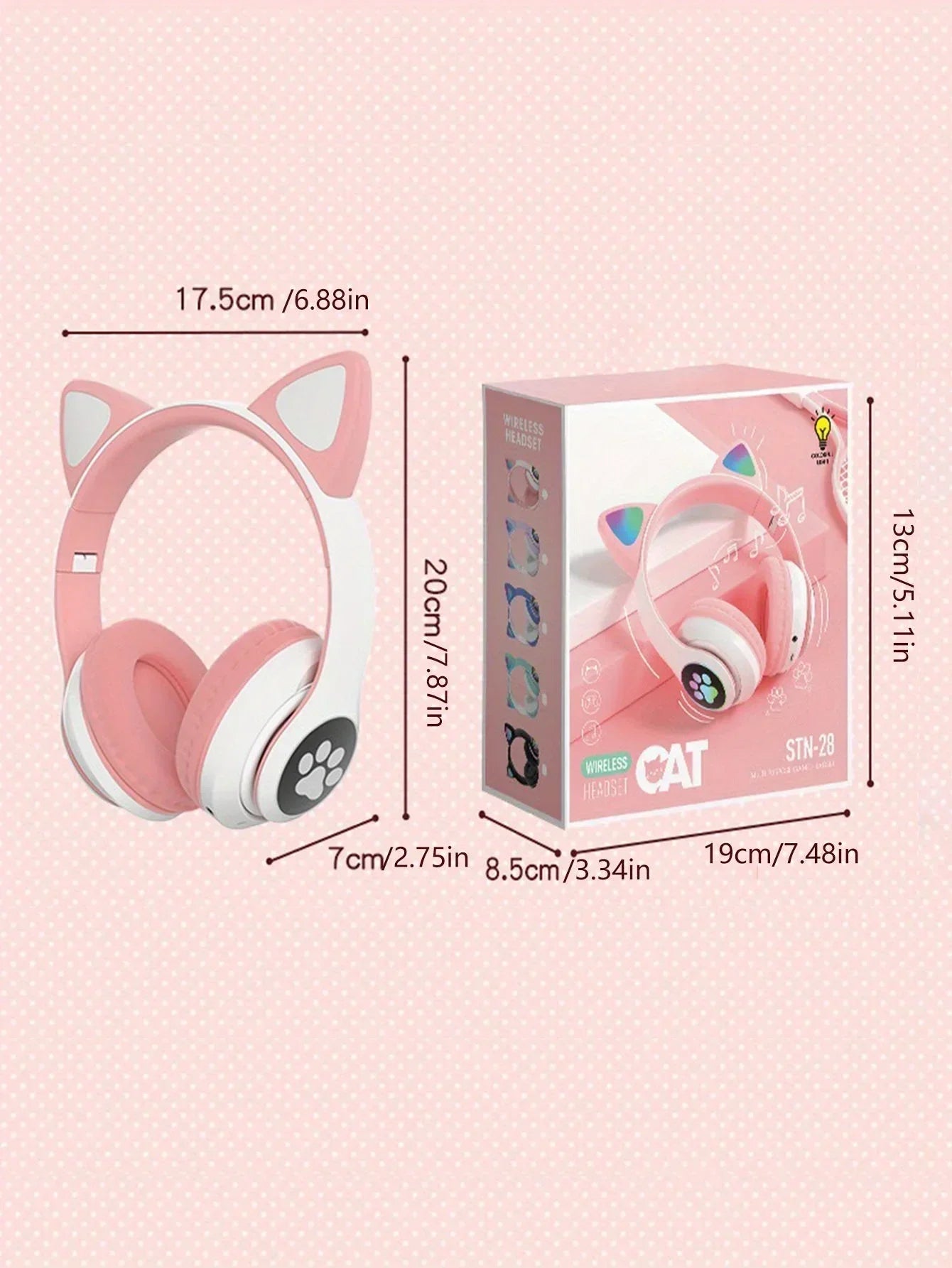 Cute Cat Ears Wireless Bluetooth Headphones with Mic LED Lights, Kids Stereo Music Headset, Cat Ear Wireless Headphones with Noise Cancelling, Gaming & Gift Headphones