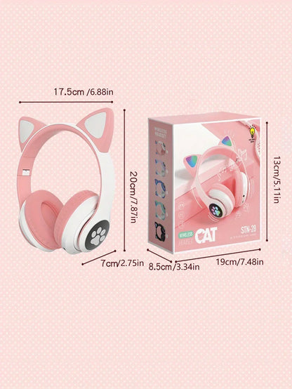Cute Cat Ears Wireless Bluetooth Headphones with Mic LED Lights, Kids Stereo Music Headset, Cat Ear Wireless Headphones with Noise Cancelling, Gaming & Gift Headphones