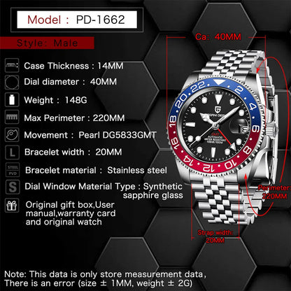 GMT Wristwatch PAGANI DESIGN Automatic Watch 40mm Mens Watch Top Brand Mechanical Watch 100M Waterproof Luminous Watches PD-1662