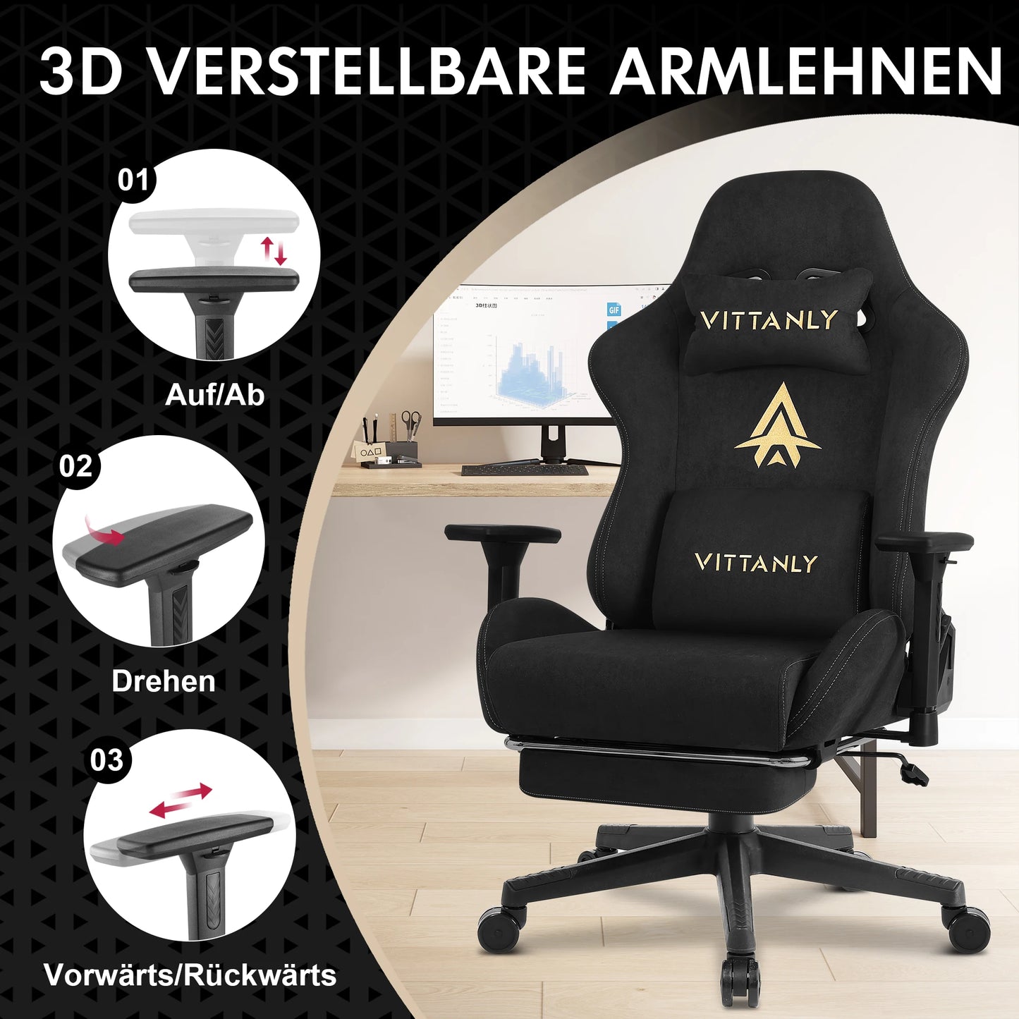 HAPIHAPPY Fashion Gaming Chair Genuine Computer Office Chair with Pocket Spring Cushion Linkage Armrests and Footrest Game Chair