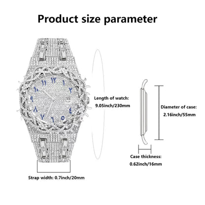 Luxury Full Diamond Men's Quartz Watch Thorn Bracelet Hip Hop Style Date Display with Luminous Function Men business Wristwatch