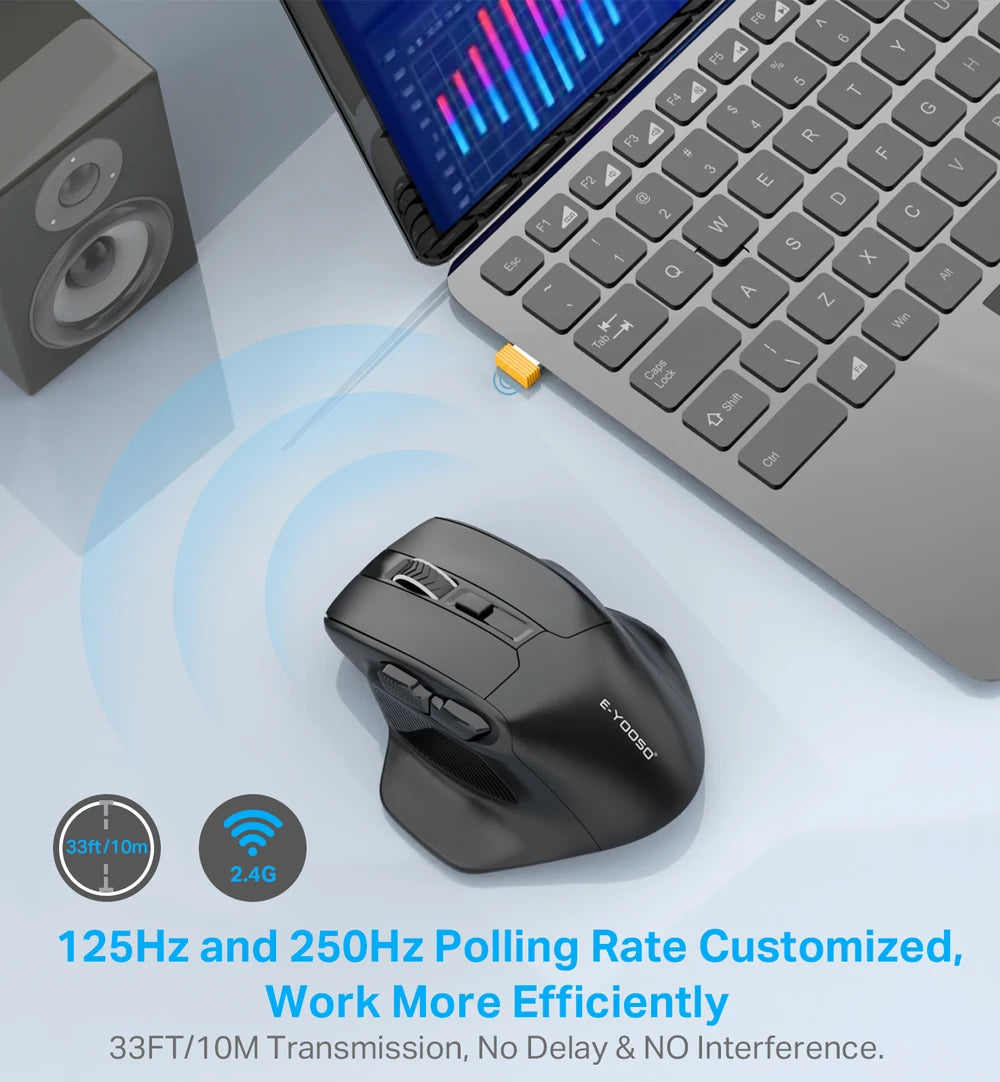 Rato Gaming Sem Fios E-YOOSO X-31 USB 2.4G de Grande Dimensão para Mãos Grandes, PAW3212, 4800 DPI, 5 Botões, para Gamer, Computador Portátil e PC