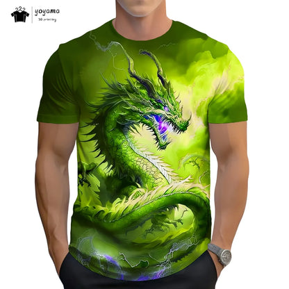 T-shirts för herr med drakmönster, kortärmad T-shirt, trendig streetwear-topp med O-ringning, djurmönster i 3D-tryck, lös och mångsidig herrklädsel
