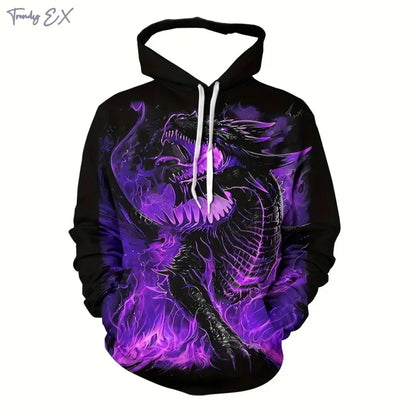 Neues 3D-Sweatshirt mit lila Flammendrachen-Grafik, Kordelzug, Pullover-Kapuze, Harajuku-Stil, Kängurutasche und langen Ärmeln für Herren