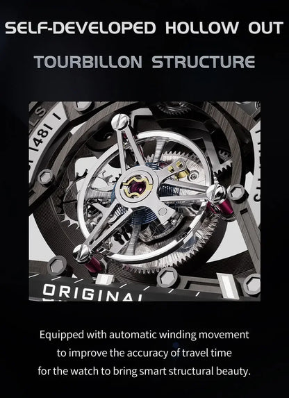 BONEST GATTI Men Automatic Mechanical Watch Skeleton Dial Sapphire Crystal Fluororubber Strap Waterproof Luminous Business watch