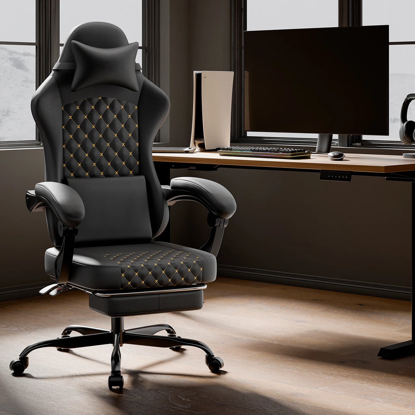 PINGGO Ergonomic Gaming Chair with Footrest Massage, PVC Leather PC Gaming Chair, Adjustable Reclining Office Chair with Lumbar Support