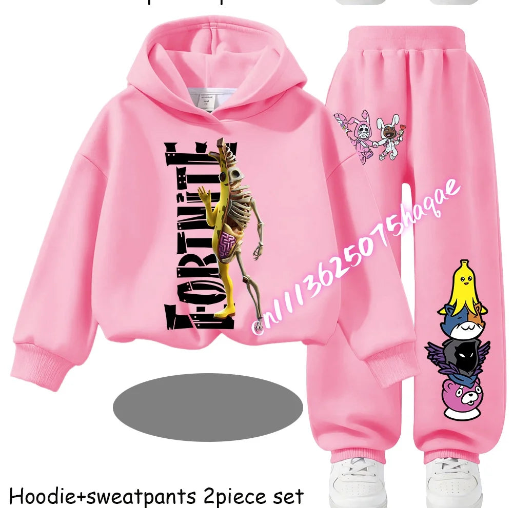 Fortnite Printed Children's Hoodies Cartoon Comfortable 2pcs Suit Loose Long Sleeve Tops with Pant Autumn Winter Clothes Gift