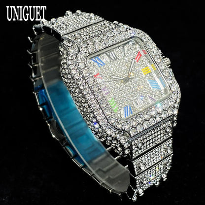 UNIGUET Big Diamond Watch Men Luxury Colored Roman Literal Watch Man Hip Hop Jewelry Bling Bling Square Wristwatch Dropshipping
