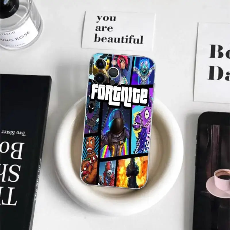 Cartoon B-Battle-R-Royales-F-FortniteS for iPhone 17 16 15 14 13 12 11 Pro Max Plus Transparent Soft TPU Phone Cover