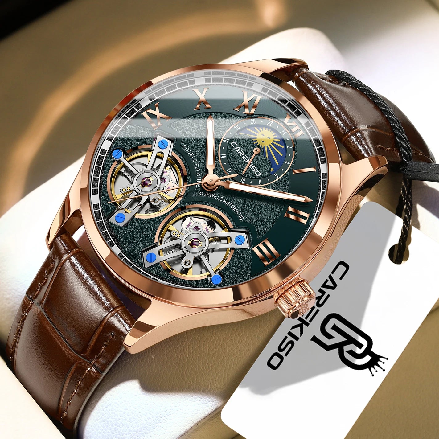 CAREKISO Fashion Men Clock Double Hollow Tourbillon Automatic Mechanical Man Watch Waterproof Luminous Leather Men's Watches+Box