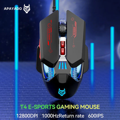 APAYADO T4 Wired Gaming Mouse 12800 DPI RGB Gaming Mouse with 1000Hz Polling Rate, Ultra-Light Cable, 60IPS Precision Mouse for PC & Laptop