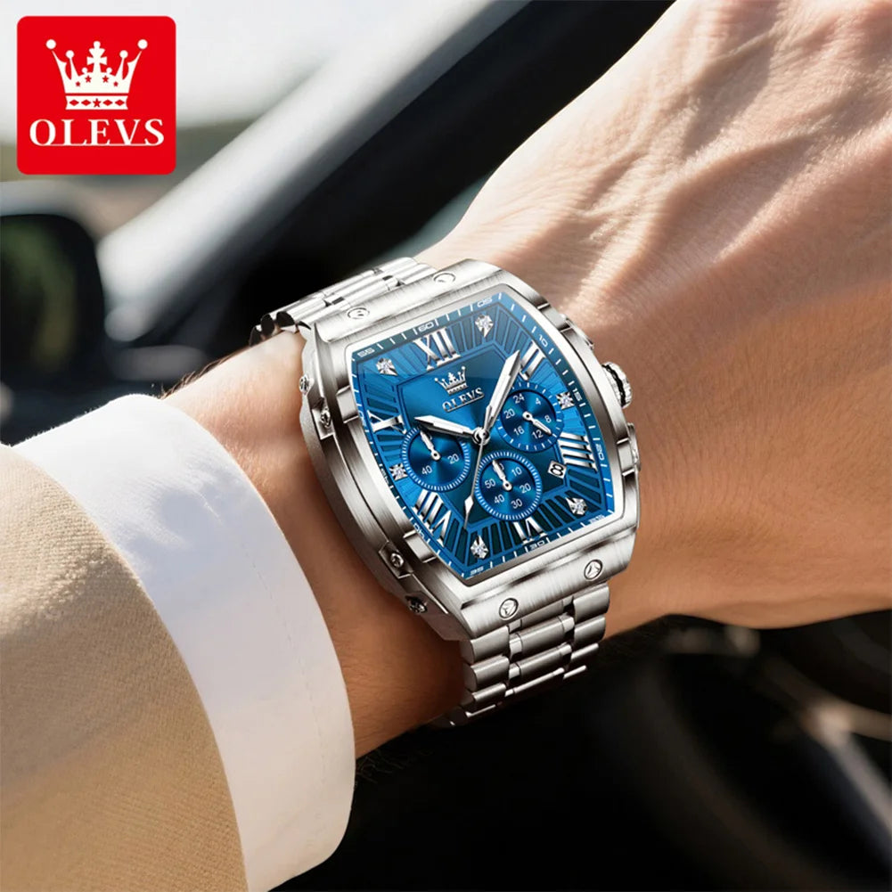 OLEVS New Design Tonneau Watch Men Luminous Waterproof Date Stainless Steel Chronograph Quartz Watches for Men Relogio Masculino