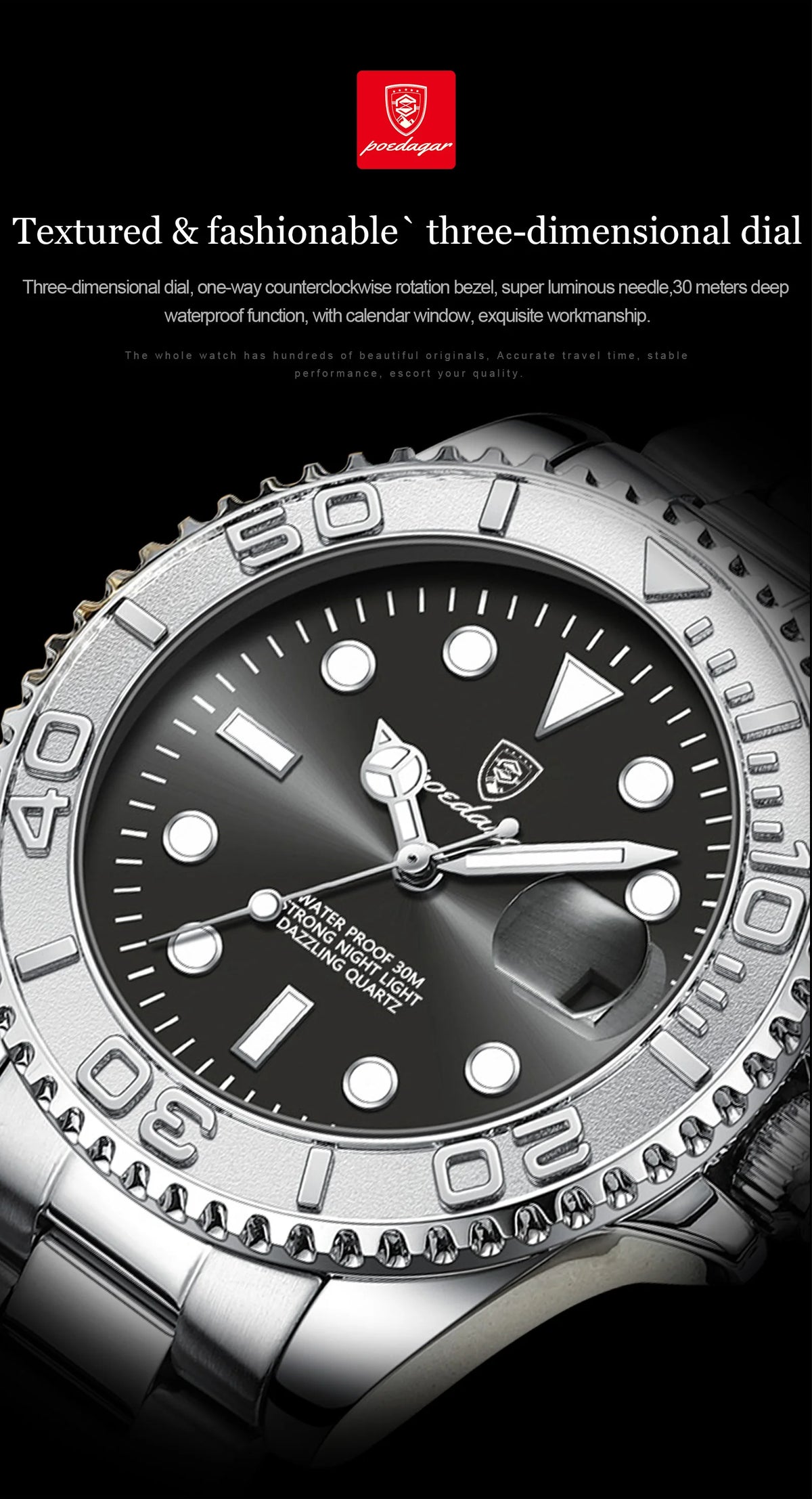 POEDAGAR Luxury Men's Watch Stainless Steel Date Quartz Fashion Watches For Man Waterproof Luminous Business Male Watch+Box Gift