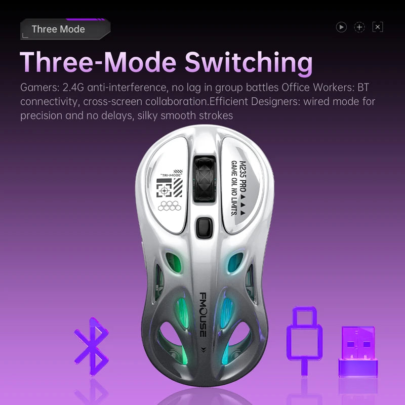 Rato Gaming Sem Fios 2.4G Trimodo RGB, Design Oco Leve com Iluminação Chroma, Com Fios/Bluetooth, Rato E-Sports Controlador