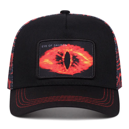 Cappellino da baseball con graffiti “Occhio di Sauron”, cappellino in rete stile hip hop, cappellino da camionista