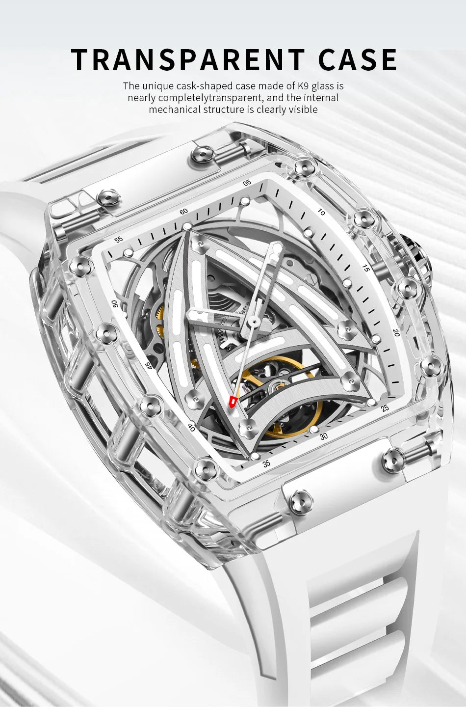 PINDU Designer Hollow Tonneau Mechanical Watch Men Luxury Brand Skeleton Automatic Watches Mens Sport Silicone Wristwatch JH3105
