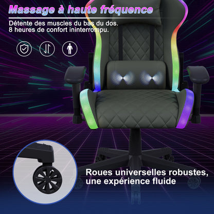 Rosahqnda Gaming Chair with Massage Function, Adjustable Office Chair, Gamer Chair with LED,Lumbar Cushion, Pillow,150 KG