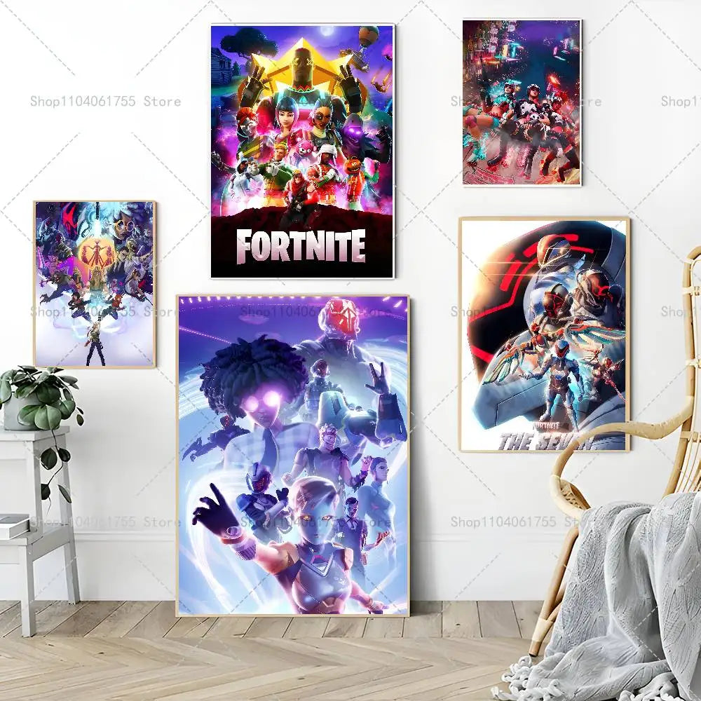 F-Fortnites-Game beliebtes Poster, selbstklebender Kunst-Wandsticker aus wasserfestem Papier für Café, Bar und Zimmerdekor