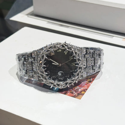 Luxury Full Diamond Men's Quartz Watch Thorn Bracelet Hip Hop Style Date Display with Luminous Function Men business Wristwatch