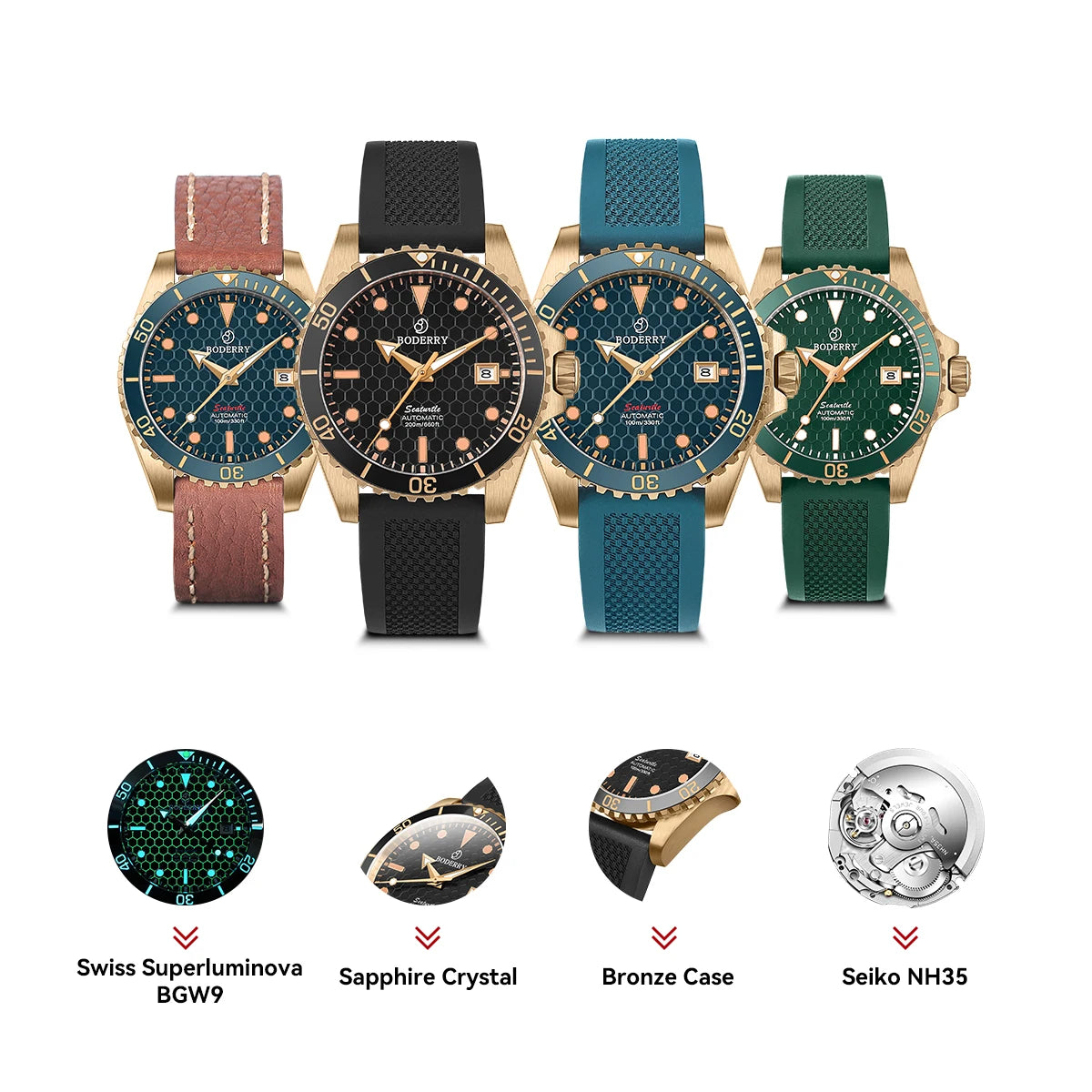 Boderry Bronze Watch Seaturtle Titanium Diver Luxury Wristwatch Automatic Mechanical Wristwatch Sport 200M Waterproof Luminous
