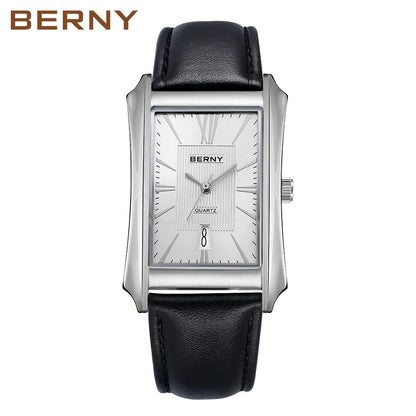 BERNY Watch for Men Rectangle Japan Quartz Wristwatch Waterproof Business Rectangular Dress Male Clock Top Genuine Leather Strap