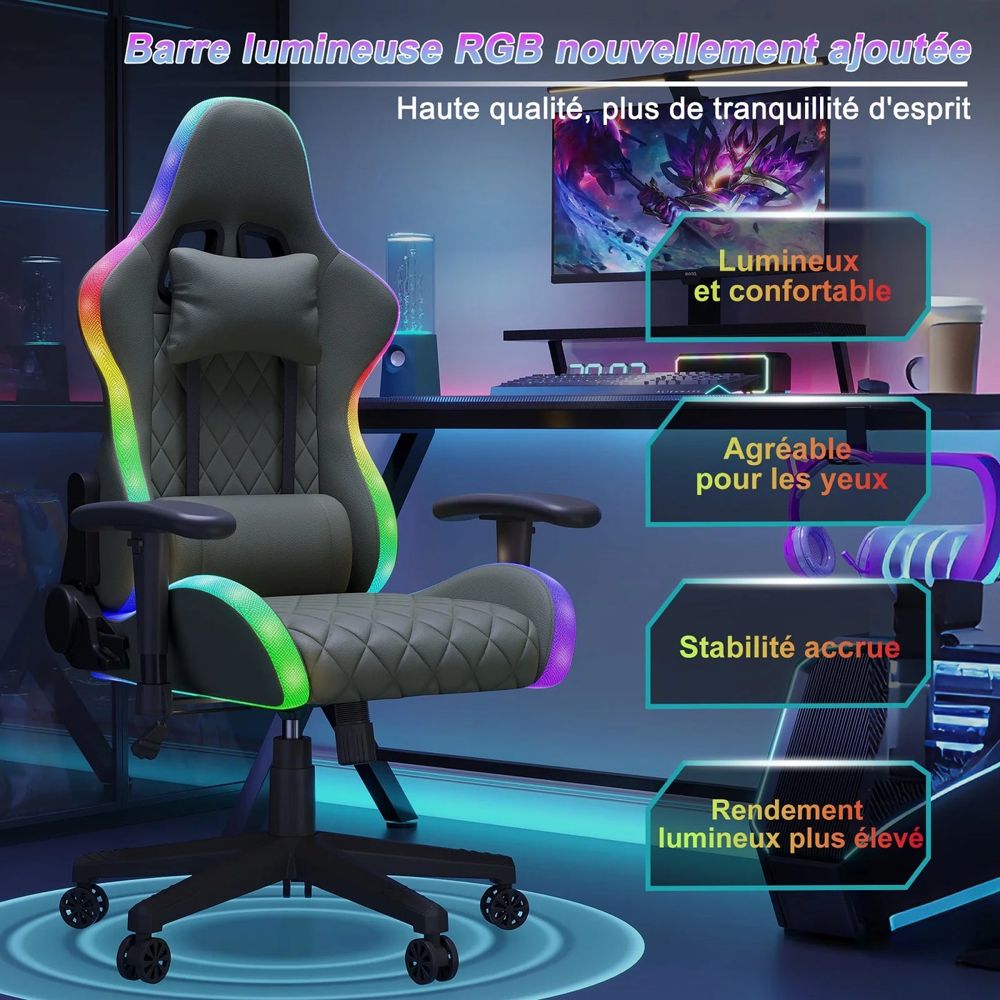 LED Gaming Chair Ergonomic PU Leather Office Chair with Adjustable Backrest, Lumbar Support Pillow, Footrest & RGB Lights