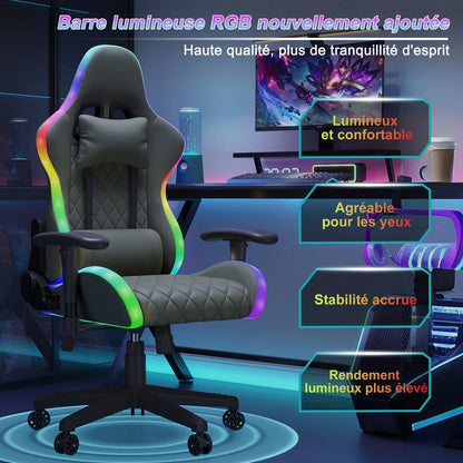 LED Gaming Chair Ergonomic PU Leather Office Chair with Adjustable Backrest, Lumbar Support Pillow, Footrest & RGB Lights