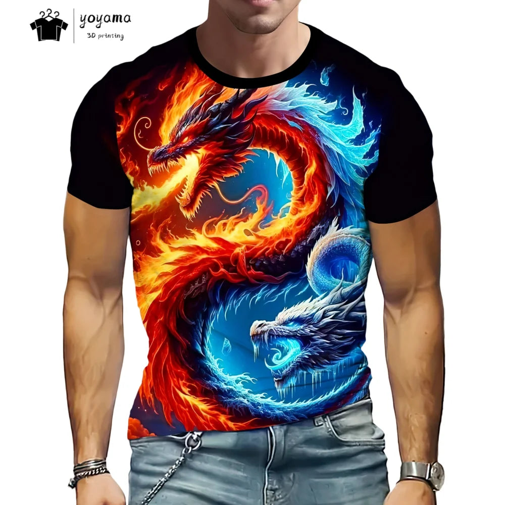 T-shirts för herr med drakmönster, kortärmad T-shirt, trendig streetwear-topp med O-ringning, djurmönster i 3D-tryck, lös och mångsidig herrklädsel