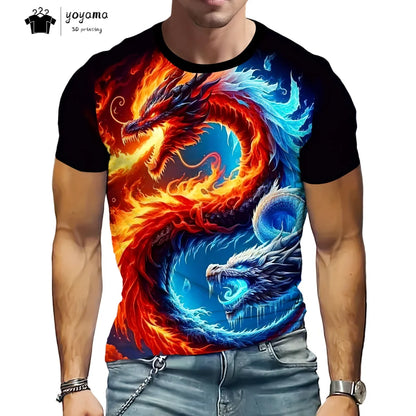 T-shirts för herr med drakmönster, kortärmad T-shirt, trendig streetwear-topp med O-ringning, djurmönster i 3D-tryck, lös och mångsidig herrklädsel