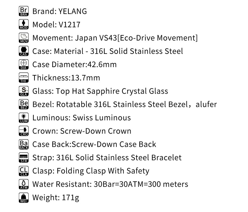 Yelang V1217 42mm Japan Eco-Drive Solar Watch Men's Watch 300M Diver Watch 30ATM Professional Waterproof Sapphire Luminous