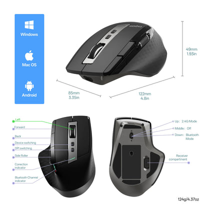 Rapoo New MT710L Multi-mode Rechargeable Wireless Bluetooth Mouse Ergonomic 4000 DPI Support Up to 4 Devices Office Mice