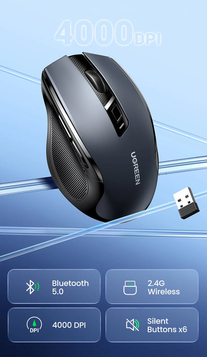 Ratón inalámbrico UGREEN Bluetooth 5.0 ergonómico 4000DPI con 6 botones silenciosos para MacBook, tabletas, portátiles, ordenadores y PC, ratón 2.4G