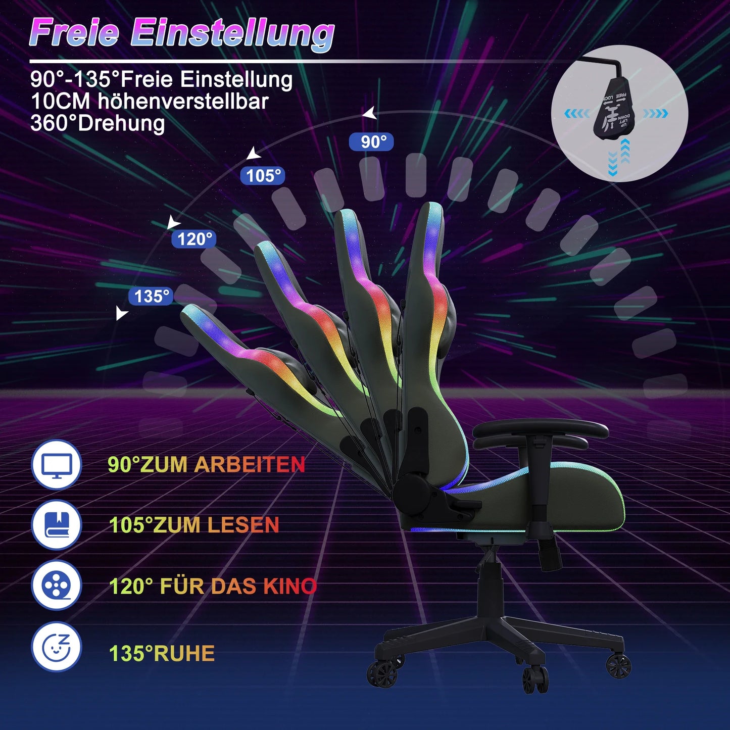 LED Gaming Chair Ergonomic Office Chair with Massage Function, RGB Gaming Chair, Adjustable Reclining Backrest 90°-135°, Height Adjustable Gaming Chair for Adults up to 150kg