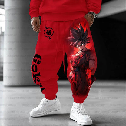 Conjunto de hoodie vermelho e calças jogger DRAGON BALL Goku para homem e mulher, outfit de duas peças com estampado de personagem anime e design preto Wu Kanji