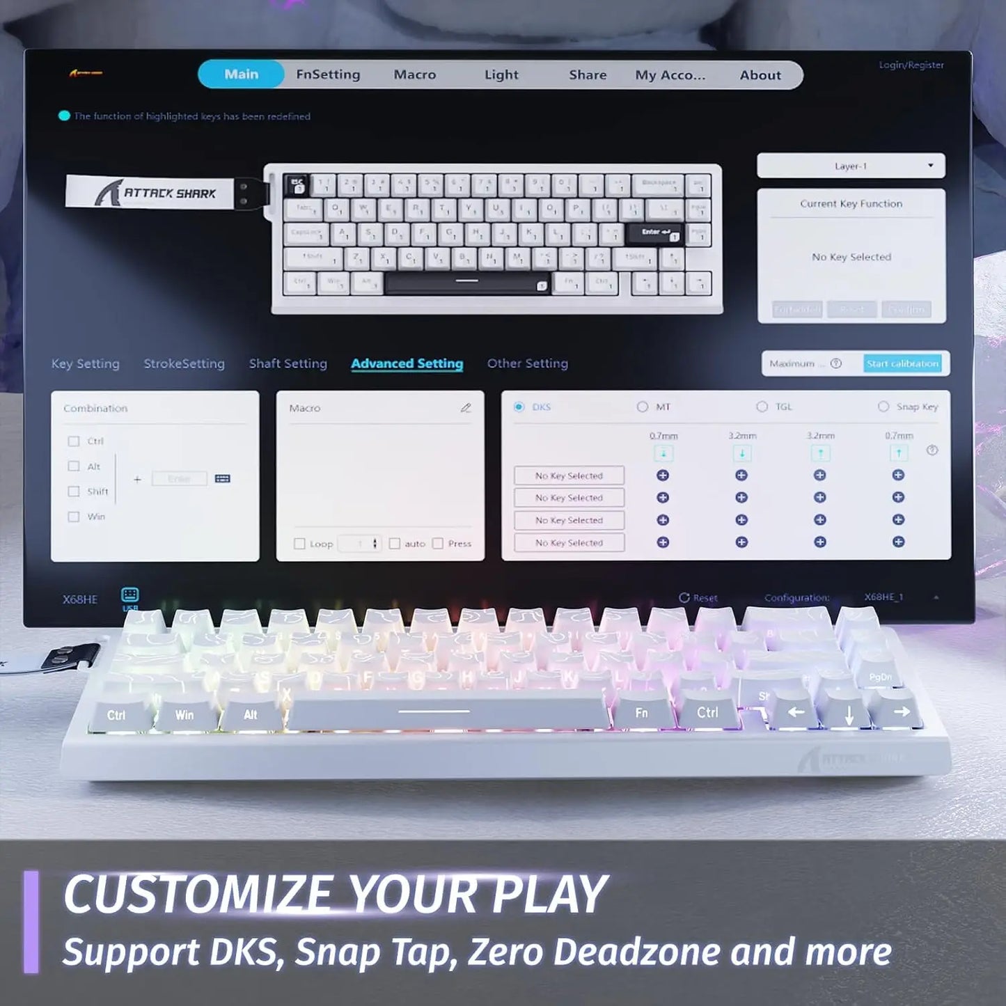 ATTACK SHARK X68 HE Rapid Trigger mechanische Gaming-Tastatur 60% kabelgebunden mit einstellbarer Auslösung, Hall-Effekt-Magnetschalter, 8KH