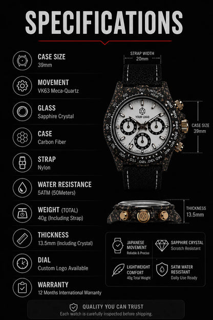 39mm Carbon Fiber Panda Chronograph Watch VK63 Quartz Sapphire Crystal Custom Logo Men's Sports Wristwatch
