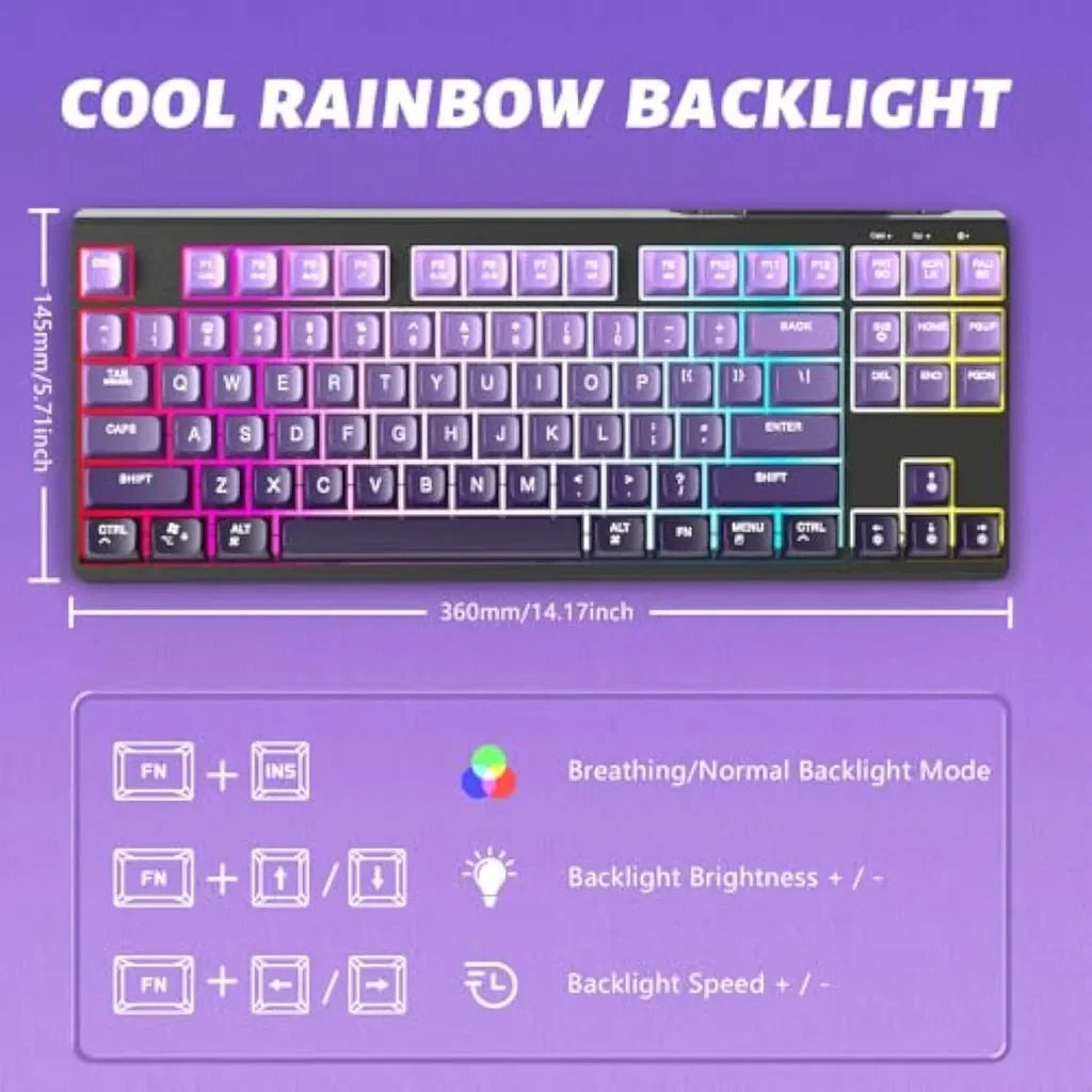 Tastiera gaming wireless Free Wolf M87 75% - Switch silenziosi, retroilluminazione Rainbow, BT/2.4G, copritasti PBT sfumati, design compatto