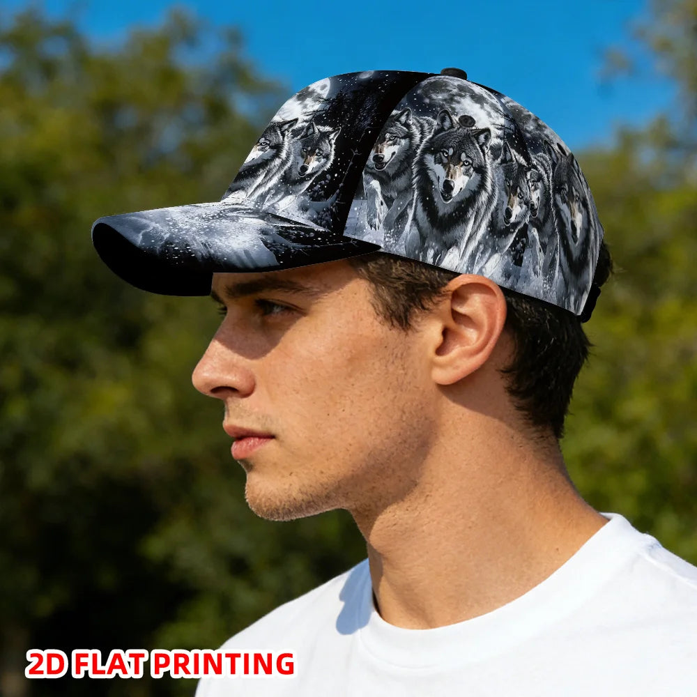 Boné de baseball clássico com estampado plano 2D de lobos sob a lua cheia, chapéu leve ajustável com pala estilo duckbill
