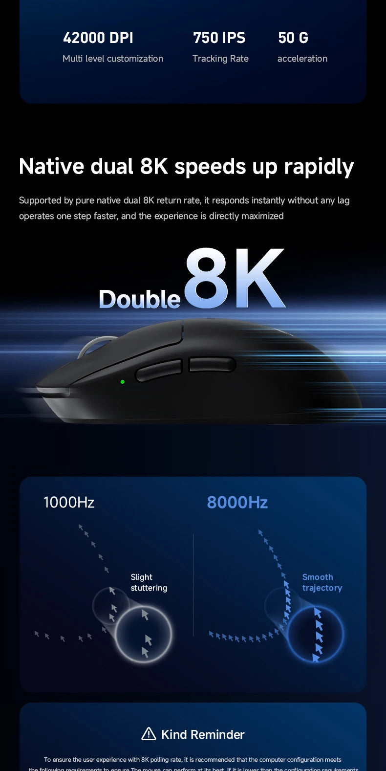 Mouse da gaming wireless leggero MCHOSE A7 V2 Ultra / Pro, Dual 8000Hz, PAW3950 TI, 42000DPI, per PC e gamer e-sport