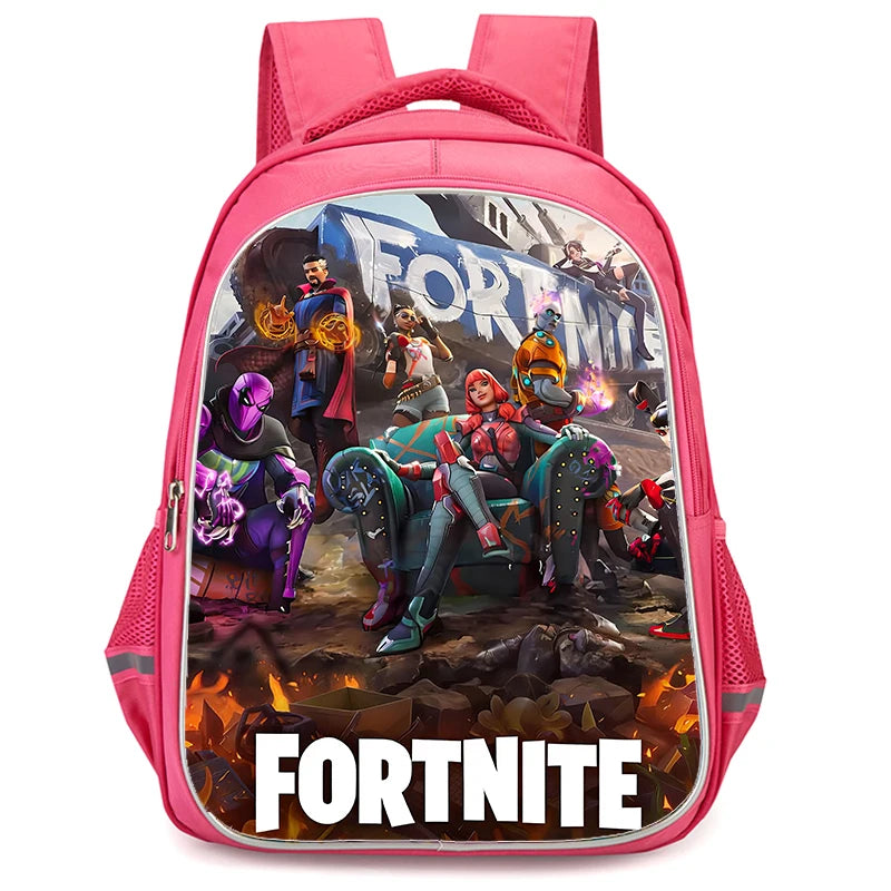 Mochila Fortnite Cartoon vermelha de 16" unissexo com fecho duplo, grande capacidade, mochila escolar para crianças, meninos e meninas dos 5 aos 8 anos