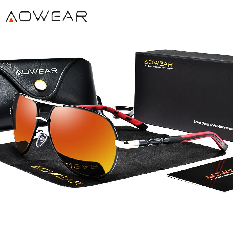 AOWEAR Lunettes de soleil polarisées d'aviation pour homme en aluminium, lunettes de soleil de conduite, lunettes de soleil pour homme, marque, créateur, lunettes rétro, accessoires, gafas