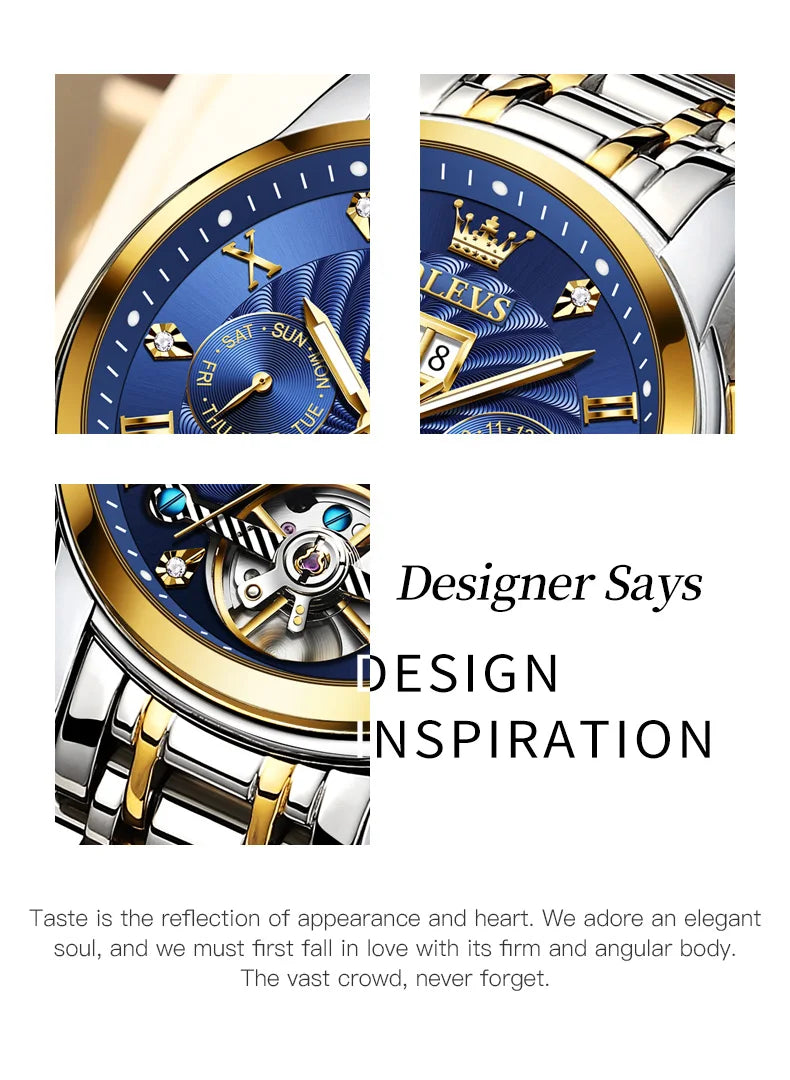 OLEVS 9910 Original Men's Automatic Mechanical Watch Luxury Skeleton Stainless steel Waterproof Luminous Watches