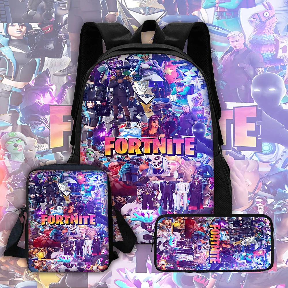 Mochila Escolar Infantil com Mala de Ombro e Estojos para Lápis, Malas Escolares com Design Hot Game-F-FortniteS para Rapazes e Raparigas, Melhor Presente