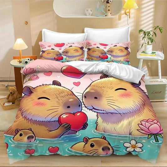 Conjunto de Capa de Edredão e Fronha com 4 Capivaras em Desenho Animado, Roupa de Cama Capivara para Adulto, Rapaz e Rapariga, Decoração de Quarto Infantil, Tamanho Individual e Duplo