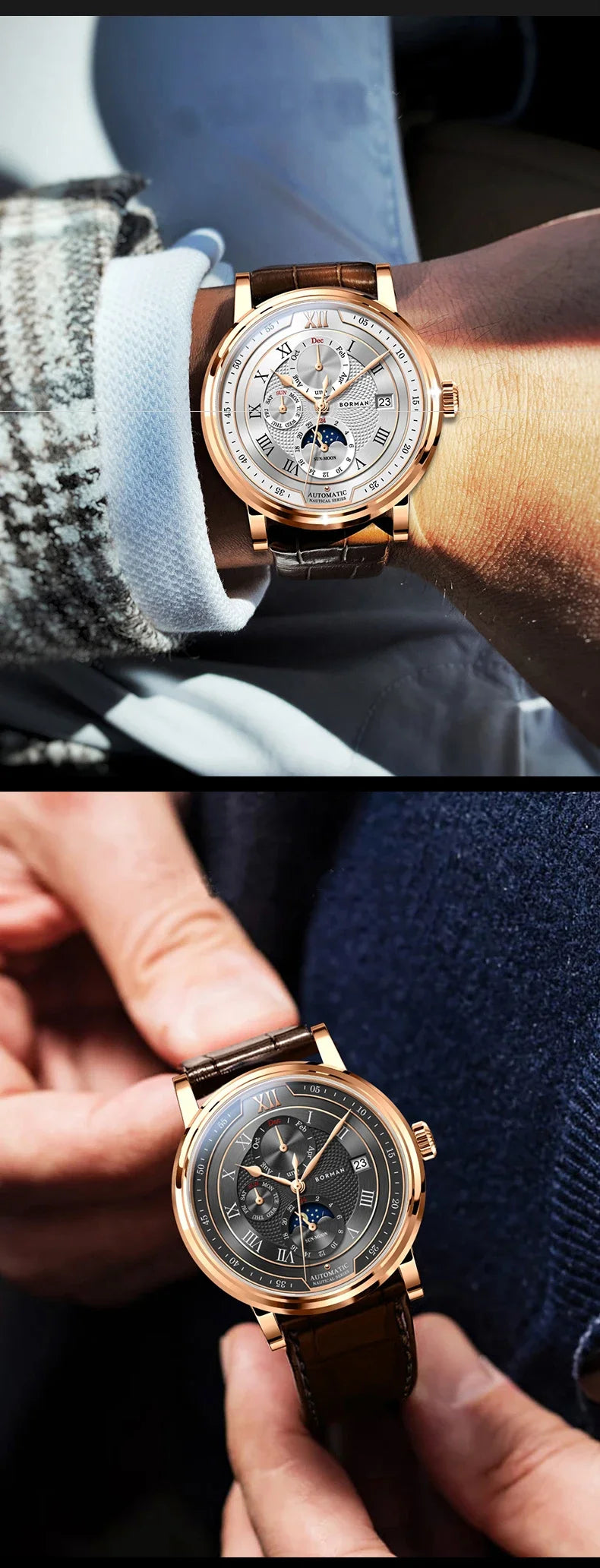 BORMAN BM3868 New 40mm Luxury Men Automatic Mechanical Men's Watches Sapphire Multi-function Waterproof Moon Phase Clocks