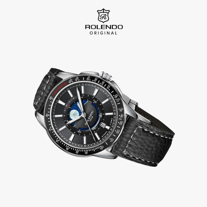 ROLENDO 1908 Men Automatic Mechanical Watch 21 Jewels Black Genuine Leather Business Wristwatch Waterproof Luxury Male Timepiece