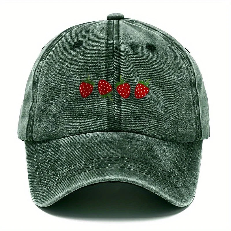 Cappellino da baseball con stampa a fragole e visiera regolabile, cappellino alla moda con visiera a becco d’anatra per uomo e donna, design con parte superiore morbida